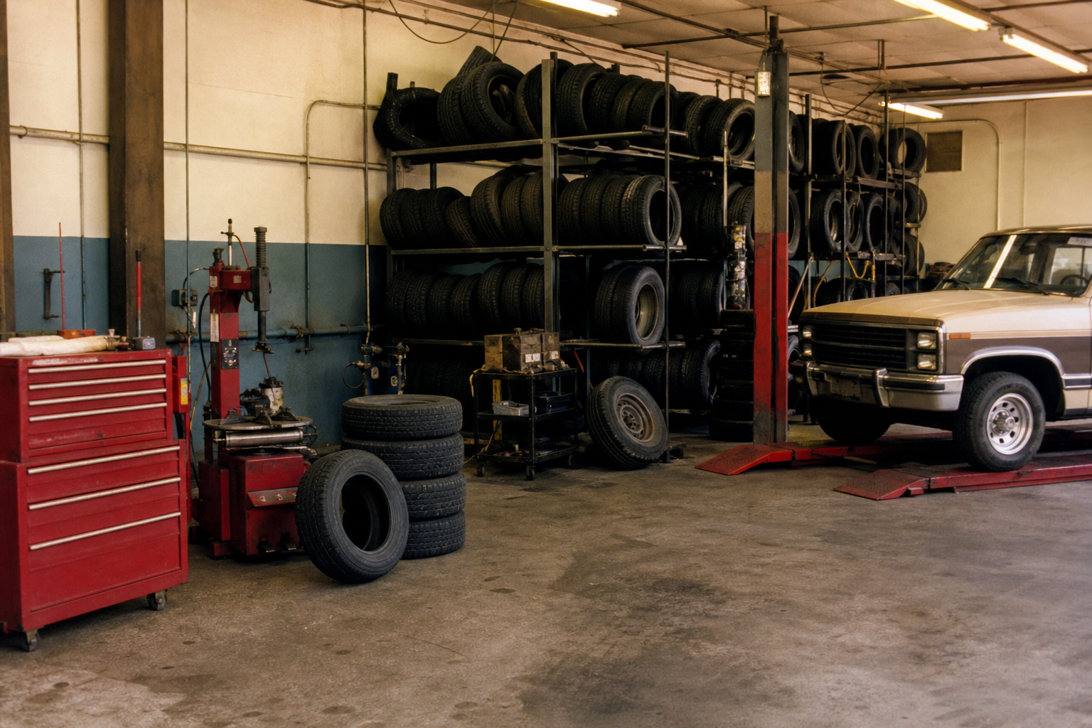 Tire racks and workshop equipment inside a neighborhood garage